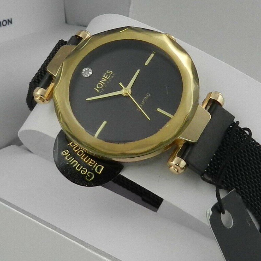 JONES NEW YORK Faceted Black Mesh Band Watch